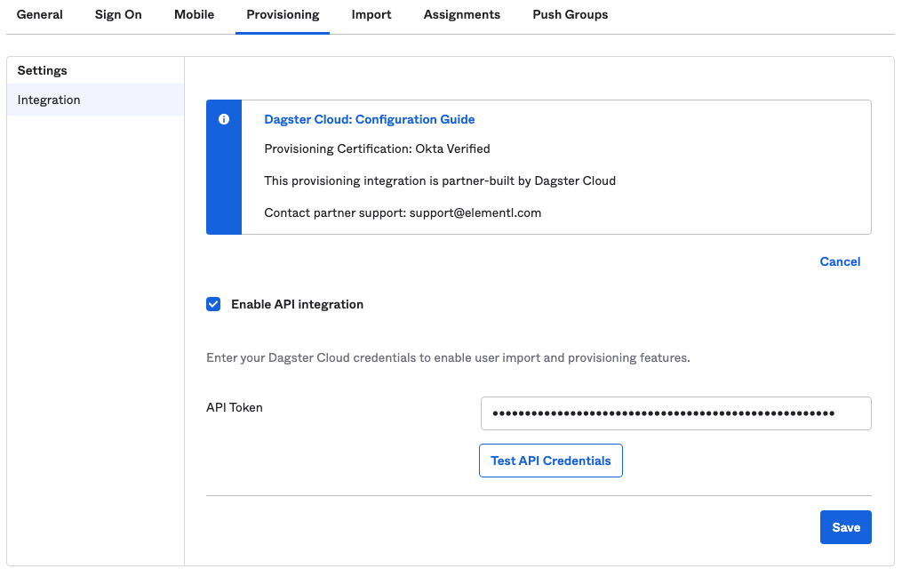 Configured Provisioning tab of Dagster+ Okta application